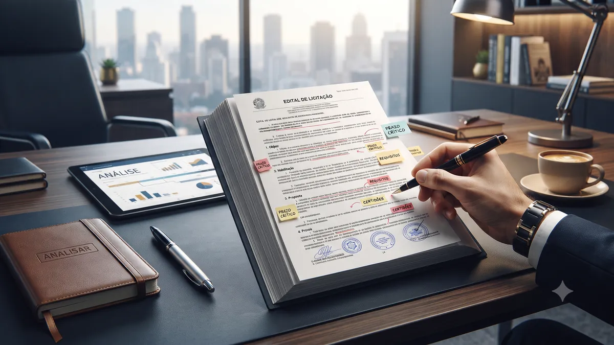 Profissional analisando requisitos, prazos e certidões de um edital de licitação