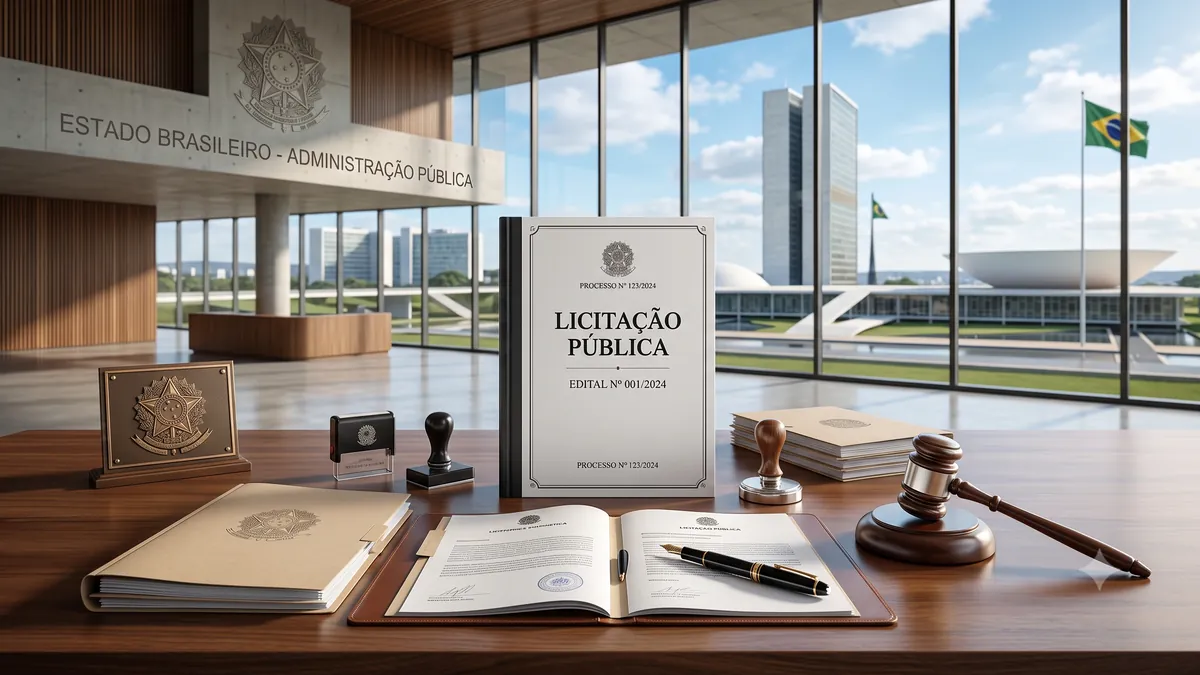 Documentos e símbolos de uma licitação pública em ambiente institucional